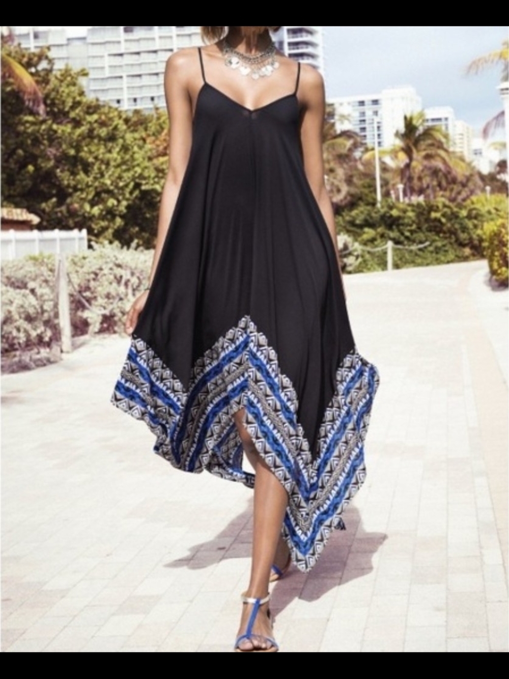 Express Black Asymmetrical Spaghetti-Strap Dress with Blue Border